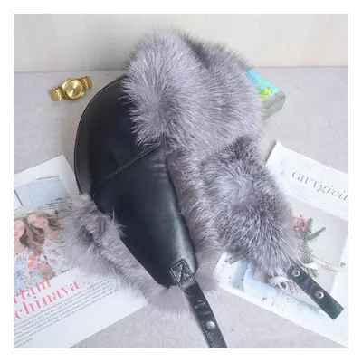 (light gray, 57-62cm) 100%genuine Leather Real Fur Hat For Women Natural Silver Fox Fur Fluffy U