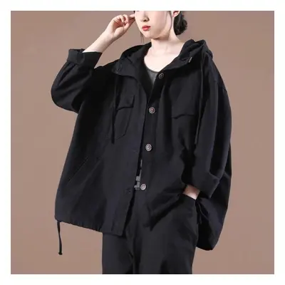 (black, L) Women Jacket Coat Big Size Autumn Winter Vintage Female Outerwear Loose Big Size Long