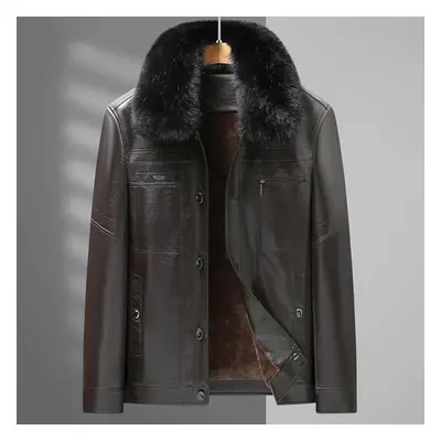 (brown, 5XL) New Leather Jacket Men&apos;s Velvet Thickened Men&apos;s Fur Integrated Winter Lap