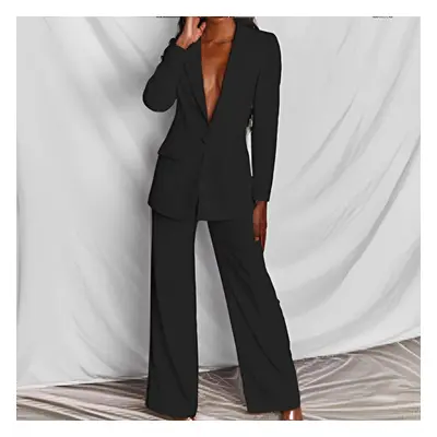 (black, XXXL) Autumn Solid Color Women&apos;s Fashion Temperament Long-sleeved Suit Straight Tro