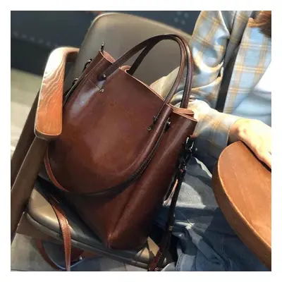 (coffee) Casual Large Capacity Women Tote Shoulder Bag Genuine Leather Ladies Bucket Handbag Mes