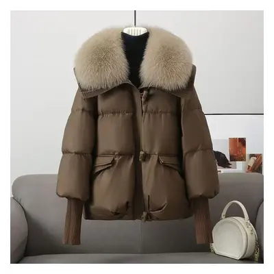 (brown, M) Fashion Short Loose Cotton Coat With Large Fur Collar Thickened Clothes