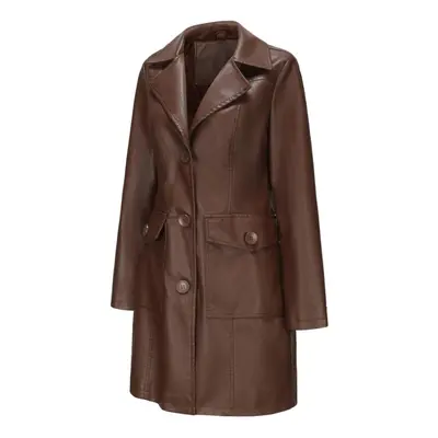 (brown, M) Faux Leather Walking Coats Women's Long Trench Coat Single Breasted Lapel Long Sleeve