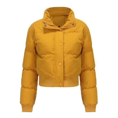 (yellow, M) Women's Short Thick Jackets Cotton High Collar Long Sleeves Zipper Warm Puffer Coats