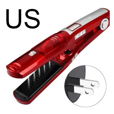 (red, US Plug) Ceramic Fast Heat Dry Wet Dual Straightener Steam Hair Use Electric Bangs Curler