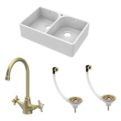 Fireclay Kitchen Bundle - Double Bowl Full Weir Tap Hole Butler Sink, Wastes & Mono Tap, 795mm -