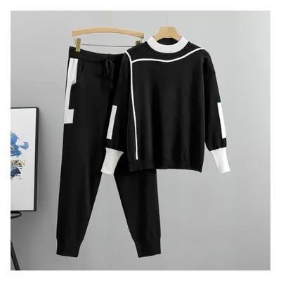 (black, S) Spring And Autumn Women&apos;s Knit Set Fashion Temperament Casual Knit Top Pants Two