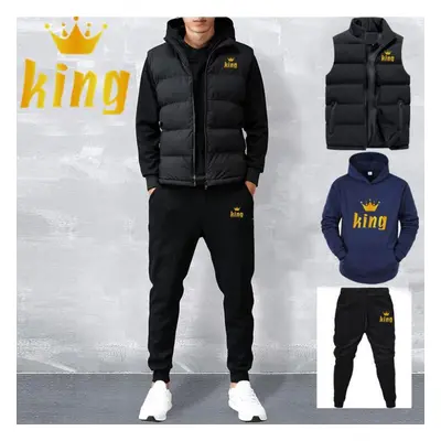 (navy blue, 2XL) Men Casual Sets Vest + Hoodies + Pants Piece Tracksuit Male Sportswear Set