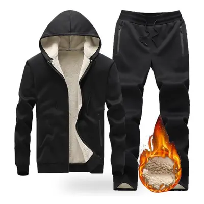 (black, XXXL) Men&apos;s Sets Winter Thick Hooded Tracksuit Men Solid Warm Casual Jacket + Sweat