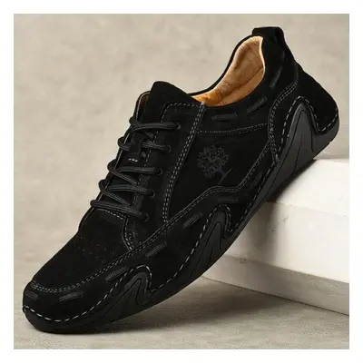 (black, 48) Men&apos;s Casual Shoes Fashion Leather Sneakers Handmade Breathable Large Size