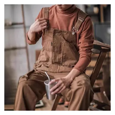 (brown, XXXXL) Fashion Retro Men&apos;s Suspenders American Style Cotton Overalls Loose Washing 