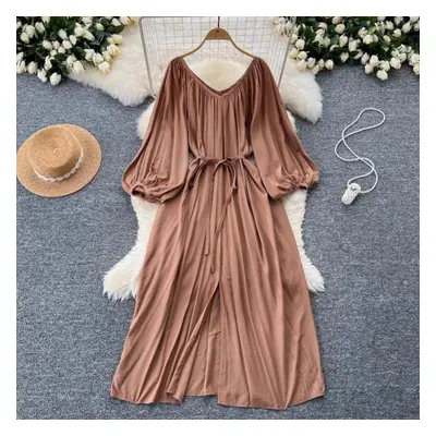 (khaki, One Size) Elegant Gentle Lantern Sleeve Dresses Y2k Slim Waist Lace Up Dress For Women S