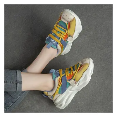 (yellow, 38) Johnature Pumps Women Shoes Genuine Leather Mixed Colors Lace-up Retro Spring Round