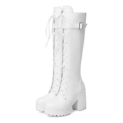 (white, 35) Women&apos;s High-heeled Boots For Autumn And Winter, Waterproof Platform, Thick Hee