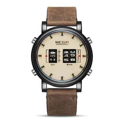 (black brown) Megir New Fashion Mens Watches With Leather Strap Top Brand Luxury Sports Quartz W