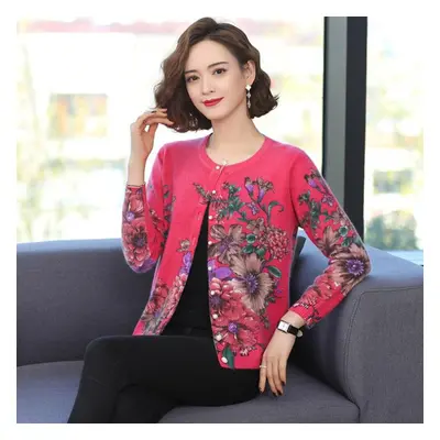 (pink, XL) Autumn And Winter Printed Cardigan Women&apos;s Plus Size Casual Sweater Coat High-en