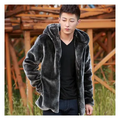 (silver grey, XXL) Fashion Winter Mens Coat Hooded Coat Warm Overcoat Men Fluffy Plush Coat Male