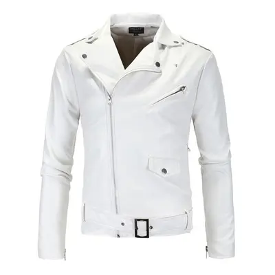 (white, XXXXL) Men&apos;s Leather Motorcycle Jacket Slim Lapel Leather Zipper Motorcycle Jacket