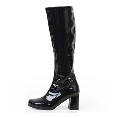 (black, 39) Woman Gogo Boots Square Heel Knee-high Classic Square Toe Boots Pu Leather Zip Boots