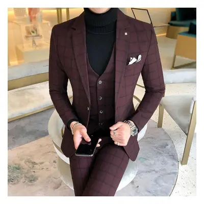 (red, XL) Two Suit Male Fashion Autumn 3pcs Blazer+vest+pant Party Business Wedding Suit