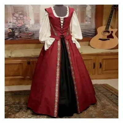 (wine red, 5XL) Stylish Medieval Renaissance Style Square Neck Waist-slimming Big Pendulum Two-p