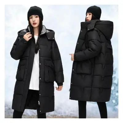 (black, XL) Women&apos;s Loose Fit Hooded Cotton Coat With Thickened Long Length And Knee-length