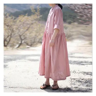 (pink, One Size) Johnature Women Shirt Dress Vintage Pockets Women Maxi Dresses