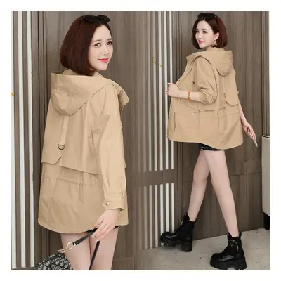 (khaki, L) Comfortable And Chic Women&apos;s Hooded Windbreaker Loose Fit Casual Outerwear