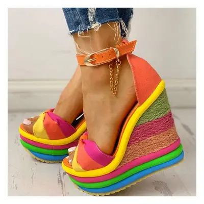 (red, 35) Woman Fashion Summer Wedges Elegant Rainbow Woman Sandals Party Platform Extreme High 