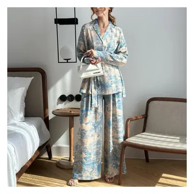 (as the picture, M) Fashion French Printed Long Sleeved Lace Up Shirt High Waisted Wide Leg Pant