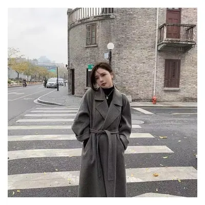 (gray, XS) New Ladies Autumn And Winter New Double-faced Wool Long Woolen Coat High-grade Woolen