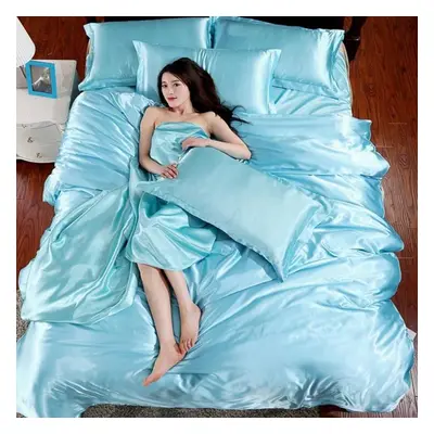 (light blue, 2.0m) Satin Silk Bedding Set Bed Cover Flat Sheet Pillowcases