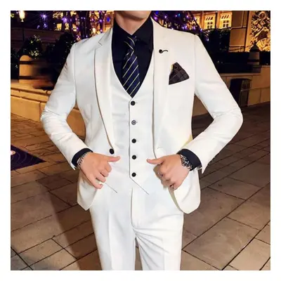 (white, Asia 2XL 70-75kg) Men Business Two Pieces Suits /male Slim Fit Beige Groom&apos;s Weddin