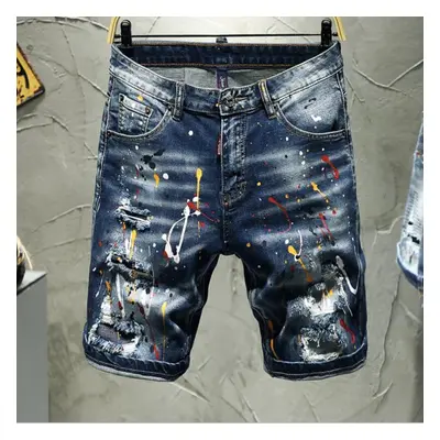 (blue, 32) Men Summer Shorts Jeans Holes Denim Shorts Paint Casual Streetwear Jeasn Shorts High 