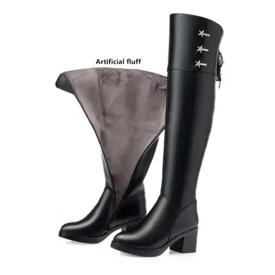 (as the picture, 38) Women&apos;s Knee High Boots Winter High Boots Women Round Toe Thick Genuin