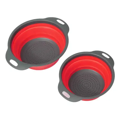 (Red) 2Pcs Set Collapsible Foldable Silicone Drain Colander Fruit Vegetable Strainer Basket