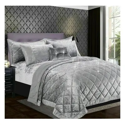 (Silver, Super King) Luxury Crushed Santiago Velvet Bedspread Quilted Comforter Bed Throw Beddin