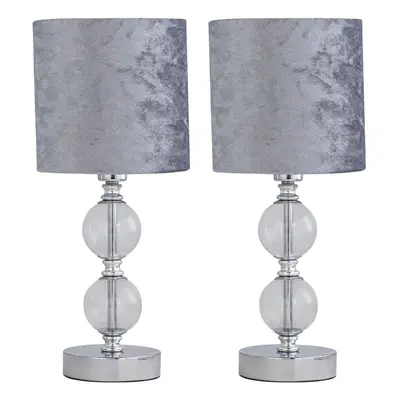 Set of Chrome Two Ball Table Lamp with Grey Crushed Velvet Shades