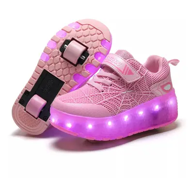 (UK 13Kids/32/20.6 CM, Pink) Kids Boys Girls Wheel Trainers Skates Shoes Flash Roller Skate Snea