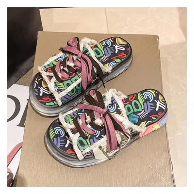 (black, 36) Fashion Design Summer Women Graffiti Slippers Platform Shoes Mules Flip Flops Street