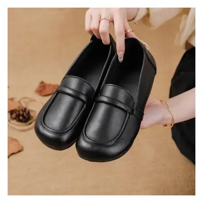 (black, 41) Johnature Retro Genuine Leather Flat Shoes Round Toe Soft Sole Loafers Casual Solid 