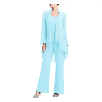 (sky blue, 3XL) Womens Pieces Chiffon Mother Of The Bride Pants Suits For Wedding Guest Formal E