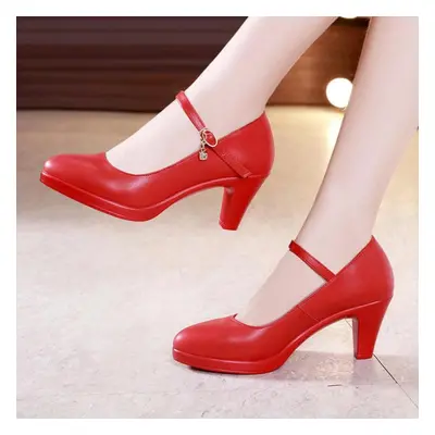 (red, 41) Thick-heeled Leather Work Shoes Women High Heels Pumps Shoes