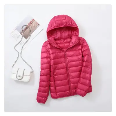 (rose red, S) Ultra-light Plus Size Thin Down Jacket Women Autumn Winter Slim Short Hooded Warm 