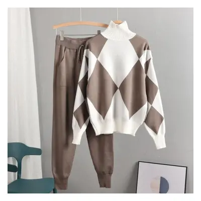 (khaki, XXL) Women Sets Sweater Thick Knitted Sets Pullovers +long Pant Casual Track 2pcs Suits