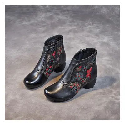 (black, 36) Johnature Genuine Leather Print Shoes Women Boots Zip Autumn Winter Round Toe Ethnic