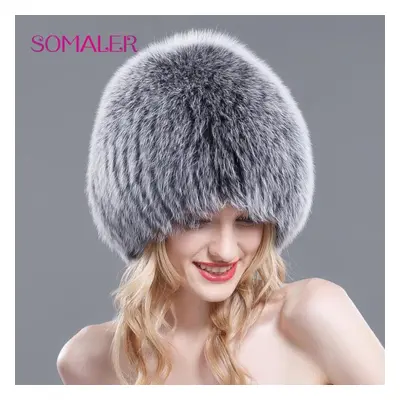 (dark grey,light grey) Somaler Real Full Fox Fur Bomer Caps For Women Winter Knitted Fur Hats Wo