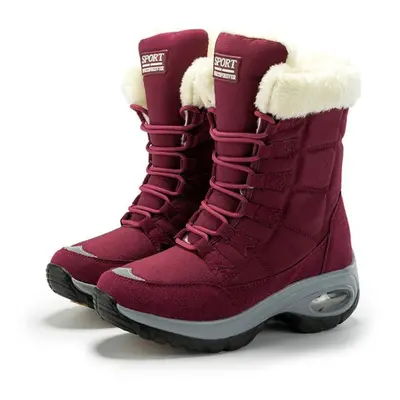 (red, 42) Women Boots Winter Keep Warm Quality Mid-calf Snow Boots Ladies Lace-up Comfortable Wa