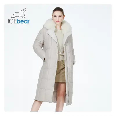 (beige, 50) Icebear New Fur Hood Women Coat Long Luxury Jacket Female Warm Quilted Coat Parkas W