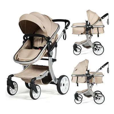 Folding Aluminum Infant Reversible Stroller with Diaper Bag-Beige